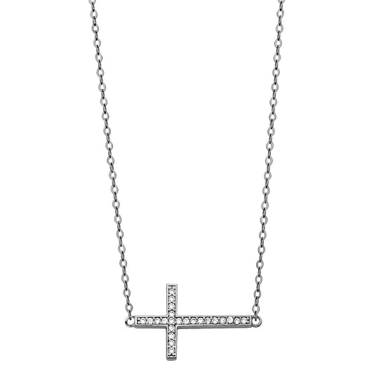 14K White Gold Sideways CZ Cross Necklace 17"+1" Extension