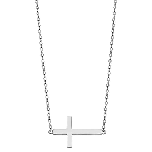 14K White Gold Sideways Cross Necklace 17"+1" Extension