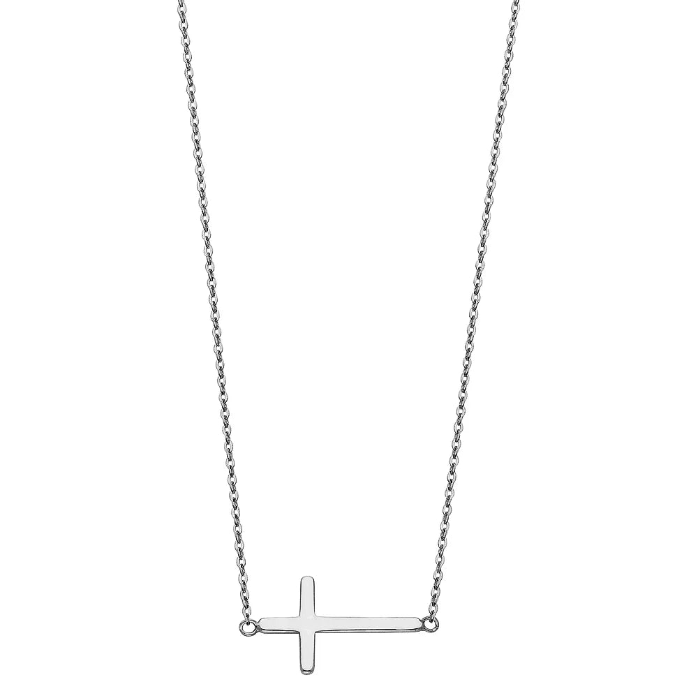 14K White Gold Sideways Cross Necklace 17"+1" Extension