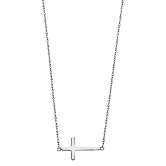 14K White Gold Sideways Cross Necklace 17"+1" Extension