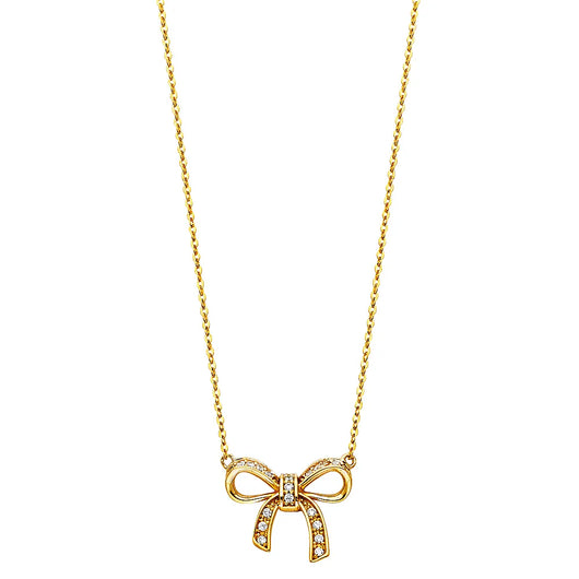 14K Yellow Gold Bow Design CZ Pendant Necklace – 17