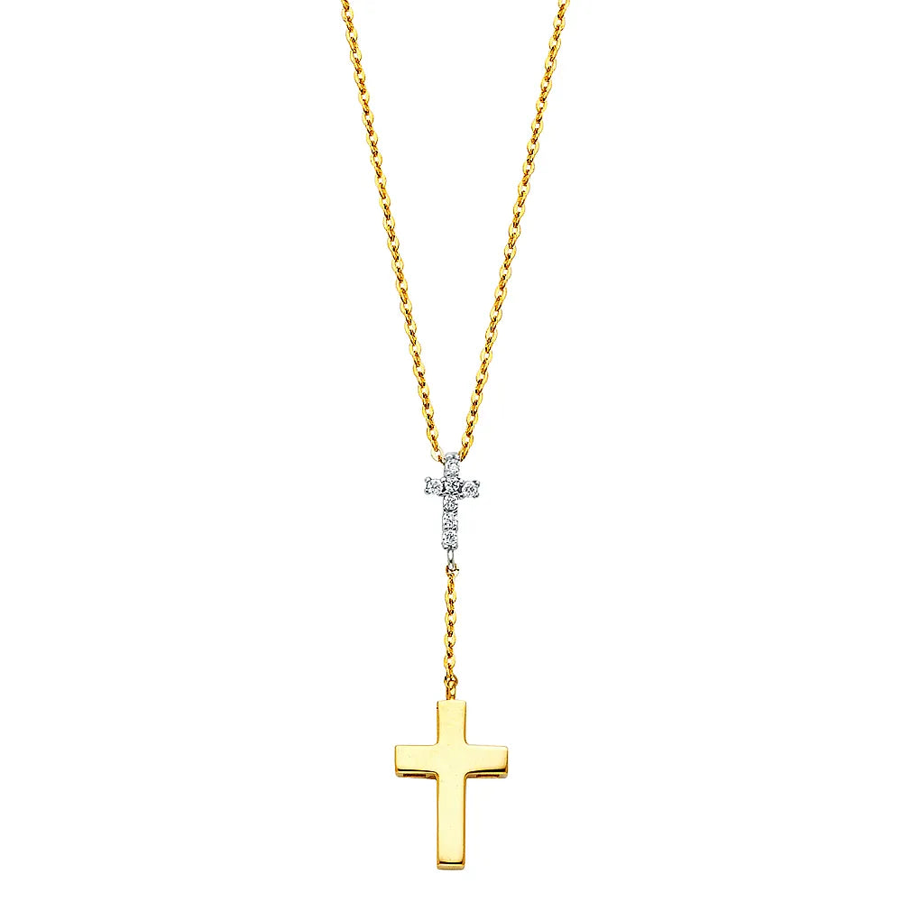 14K Two-Tone Gold Double Cross Drop Necklace with CZ  17"+1" Extension