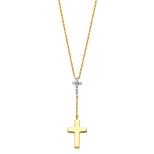 14K Two-Tone Gold Double Cross Drop Necklace with CZ  17"+1" Extension