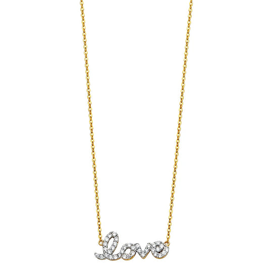14K Two-Tone Gold Love Script CZ Pendant Necklace 17"+1" Extender