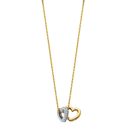14K Two-Tone Gold Double Heart CZ Pendant Necklace 17"+1" Extender