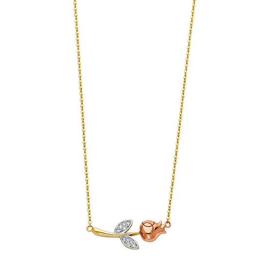 14K Tri-Color Gold Rose & Leaf Design CZ Necklace 17"+1" Extender