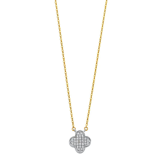 14K Two-Tone Gold Clover Design CZ Necklace 17"+1" Extender
