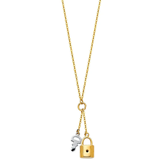 14K Two-Tone Gold Lock & Key Pendant Necklace 17"+1" Extender