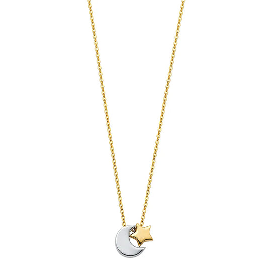 14K Two-Tone Gold Moon & Star Pendant Necklace – 17" + 1" Extender