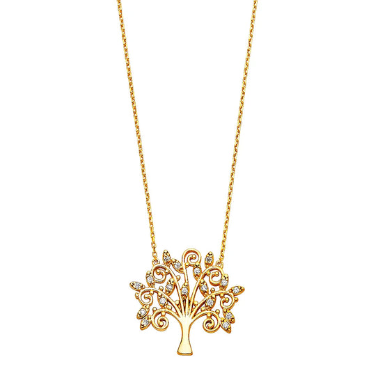 14K Yellow Gold Tree of Life CZ Pendant Necklace – 17" + 1" Extender