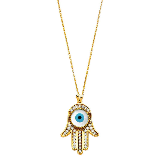 14K Yellow Gold Hamsa Evil Eye CZ Pendant Necklace – 17" + 1" Extender