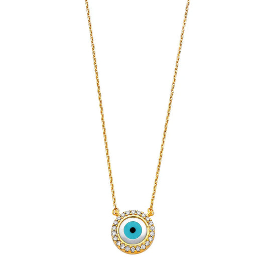 14K Yellow Gold Evil Eye CZ Pendant Necklace – 17