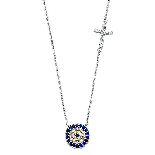 14K White Gold Evil Eye CZ Disc Pendant Necklace with Side Cross – 17