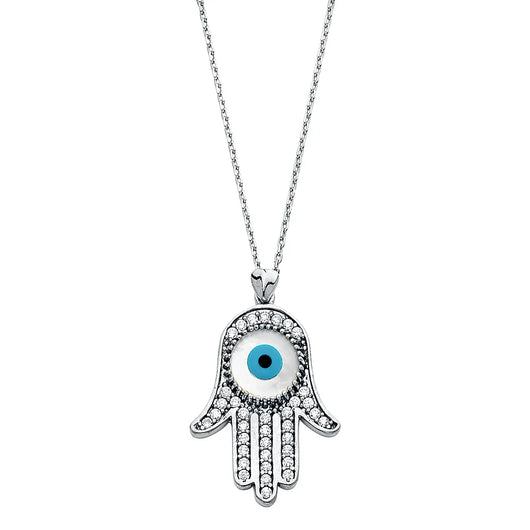 14K White Gold Hamsa Evil Eye CZ Pendant Necklace – 17