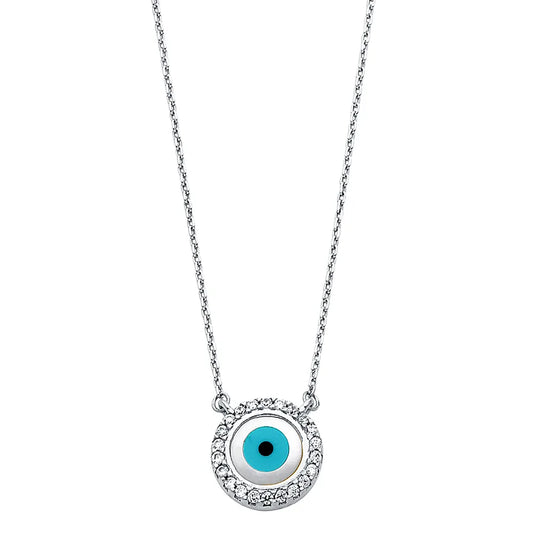 14K White Gold Evil Eye CZ Pendant Necklace – 17" + 1" Extender