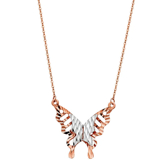 14K Two-Tone Gold Butterfly Design Necklace 17"+1" Extender