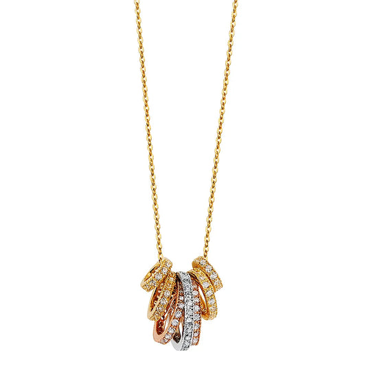 14K Tri-Color Gold Multi-Band Cluster Pendant with CZ on Cable Chain size  17" +1"