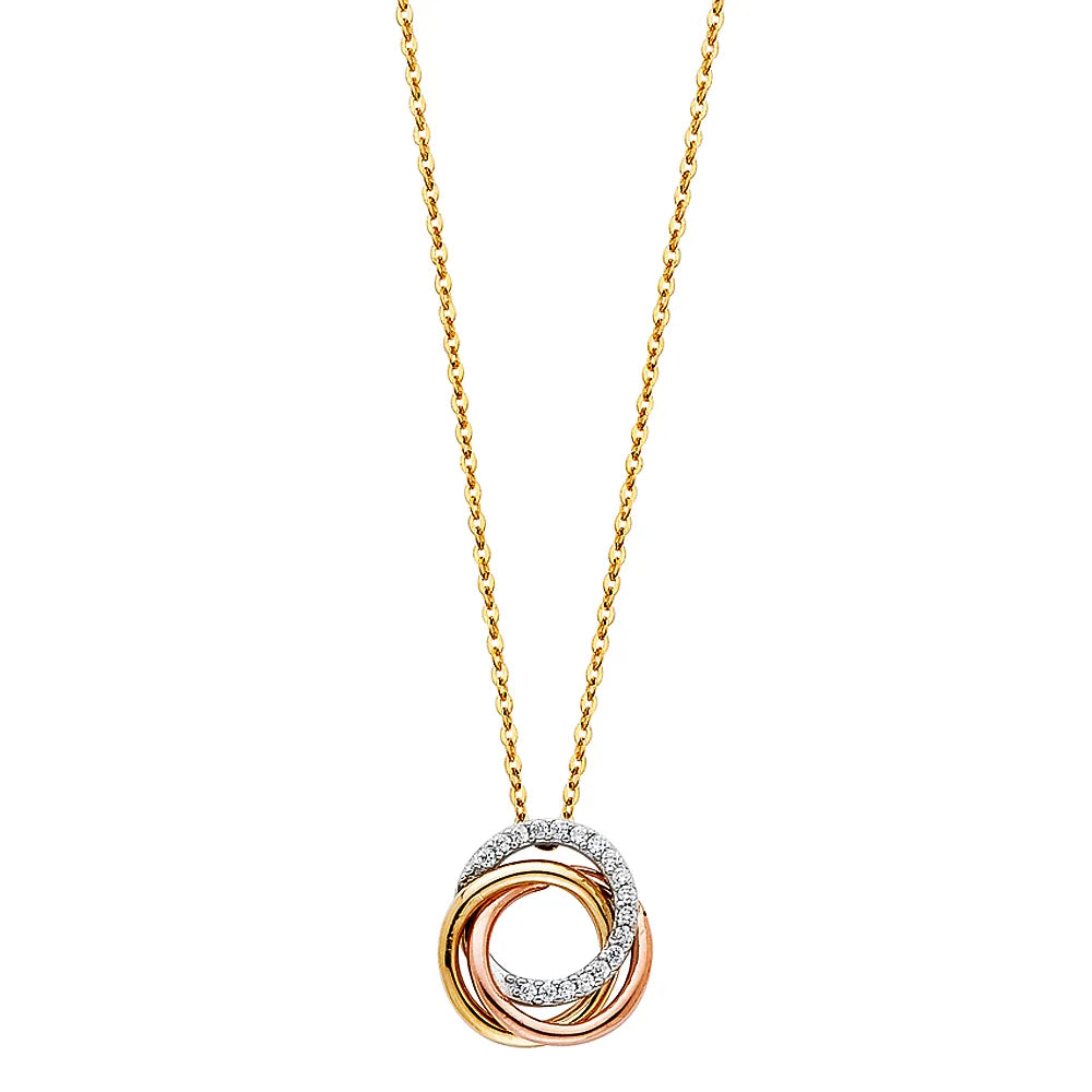 14K Tri-Color Gold Interlocking Circle Pendant with CZ on Cable Chain