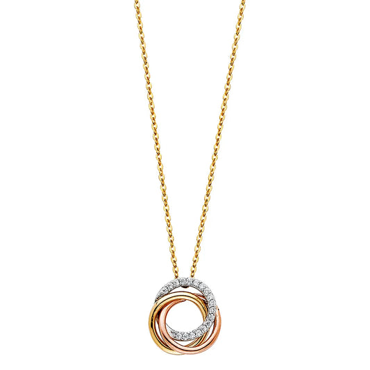 14K Tri-Color Gold Interlocking Circle Pendant with CZ on Cable Chain