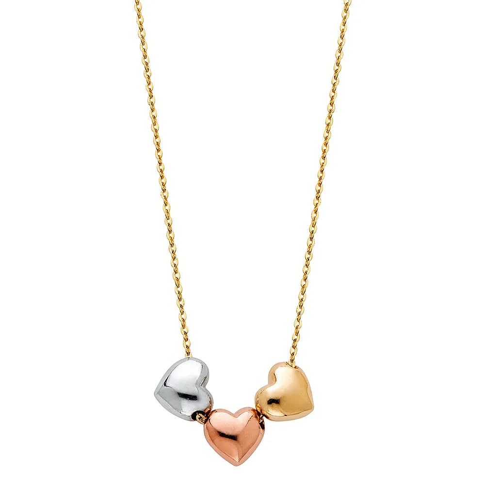 14K Tri-Color Gold Triple Heart Pendant Necklace Size 17"+1" Extender