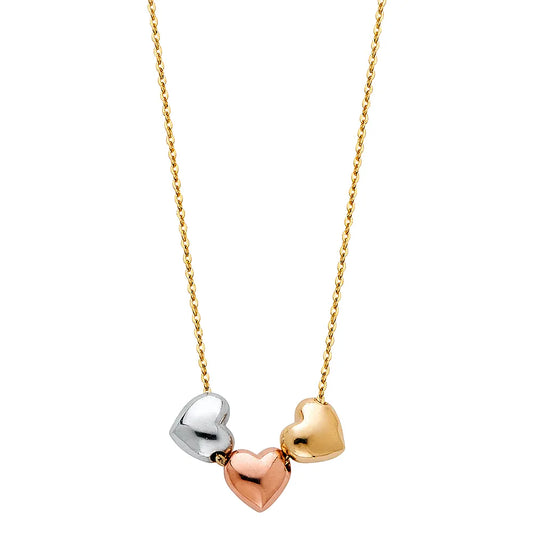 14K Tri-Color Gold Triple Heart Pendant Necklace Size 17"+1" Extender
