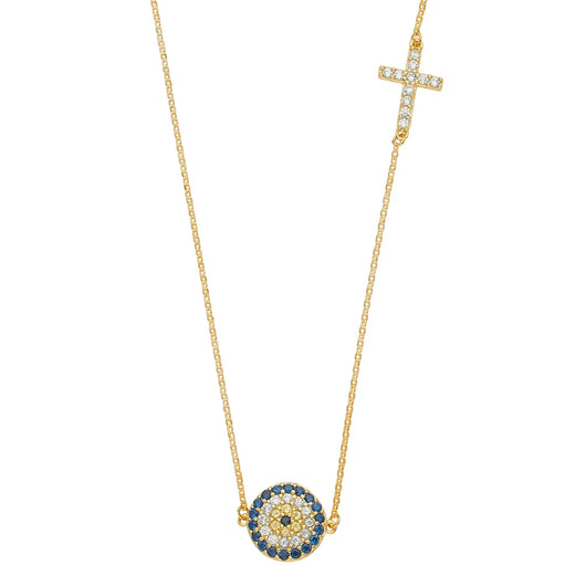 14K Yellow Gold Evil Eye CZ Disc Pendant Necklace with Side Cross – 17