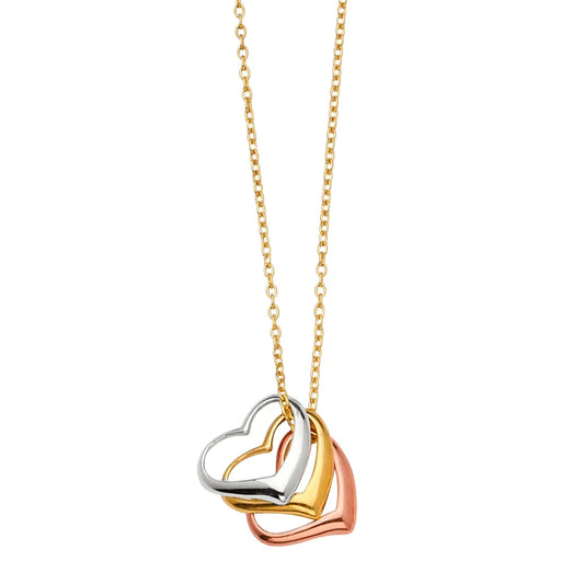 14K Tri-Color Gold Triple Open Heart Pendant Necklace 17"+1" Extender
