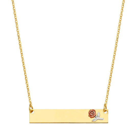 14K Tri-Color Gold Rose Design ID Plate Necklace Size 17.5"