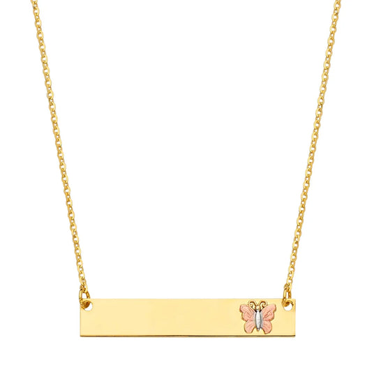 14K Tri-Color Gold Butterfly Design ID Plate Necklace Size 17.5"