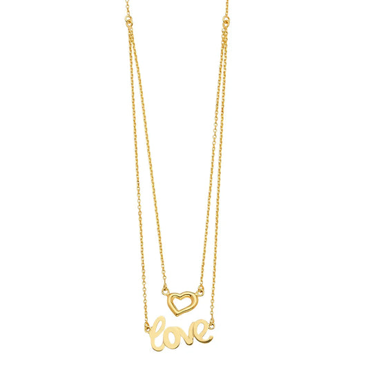 14K Yellow Gold Double Layer Love Heart Necklace Size 18"
