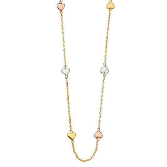 14K Tri-Color Gold Heart Station Necklace – 17" + 1" Extender