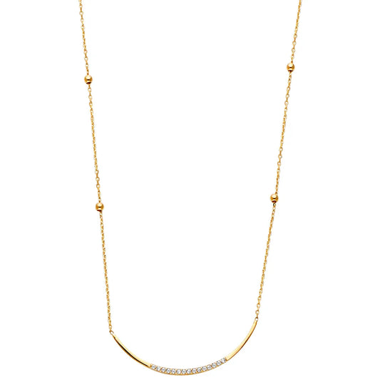 14K Yellow Gold Curved Bar CZ Station Necklace 17"+1" Extender