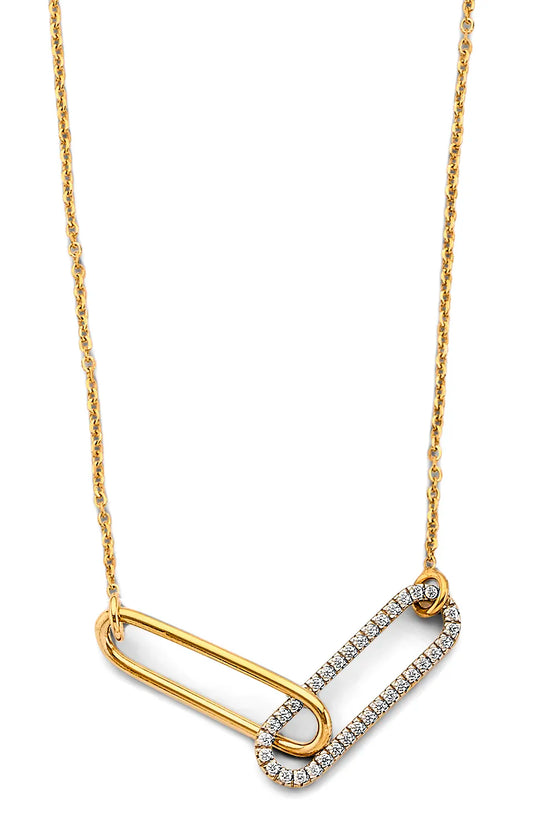 14K Yellow Gold Paperclip Link CZ Necklace 17" + 1" Extender