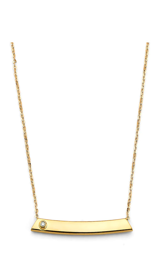 14K Yellow Gold Curved ID Plate CZ Necklace 17"+1" Extender