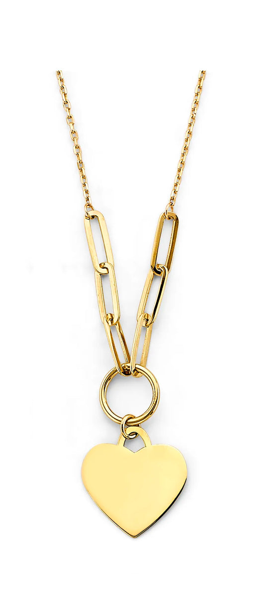 14K Yellow Gold Paperclip Link Heart Charm Necklace 17"+1" Extender