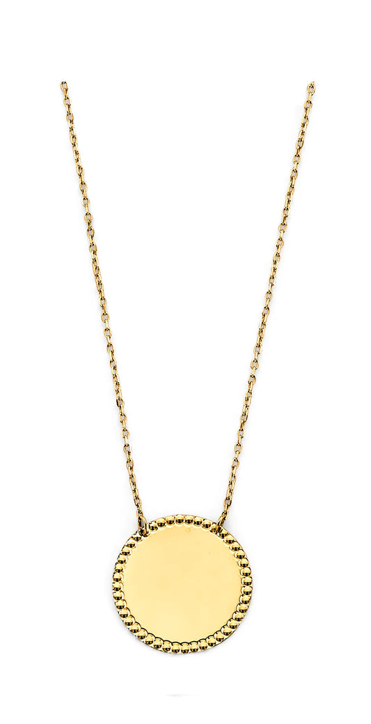 14K Yellow Gold Beaded Border Disc Design Necklace 17"+1" Extender