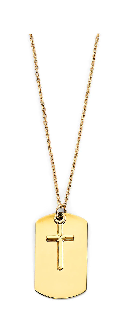 14K Yellow Gold Cross Design Dog Tag Necklace 17"+1" Extender