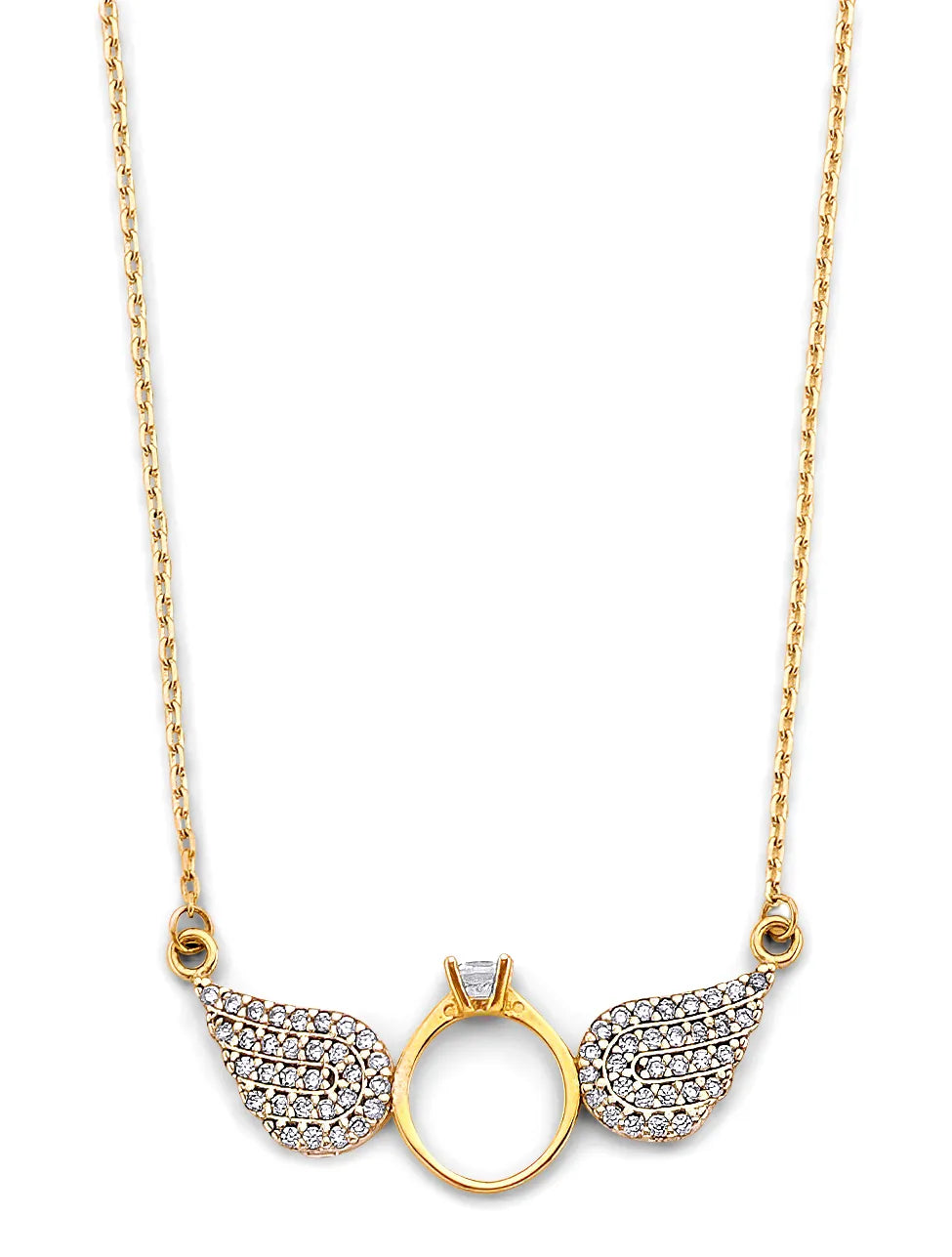 14K Yellow Gold Angel Wing Ring Necklace with CZ 17"+1" Extension
