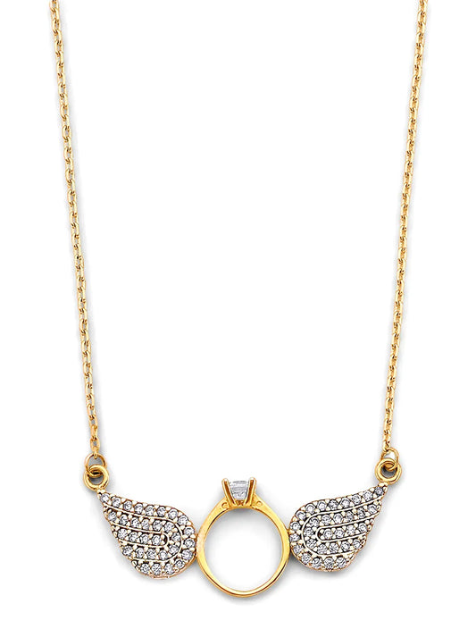 14K Yellow Gold Angel Wing Ring Necklace with CZ 17"+1" Extension