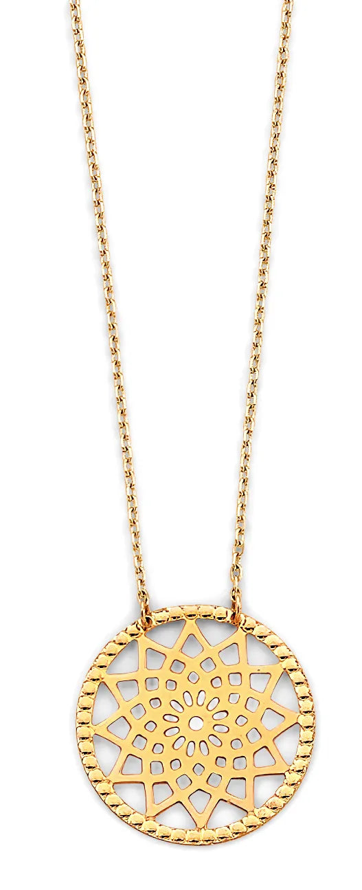 14K Yellow Gold Filigree Mandala Circle Pendant Necklace 17"+1" Extension