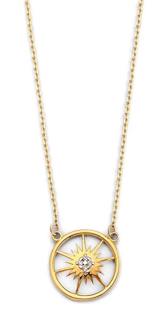 14K Yellow Gold Sunburst Circle Pendant Necklace with CZ 17"+1" Extension
