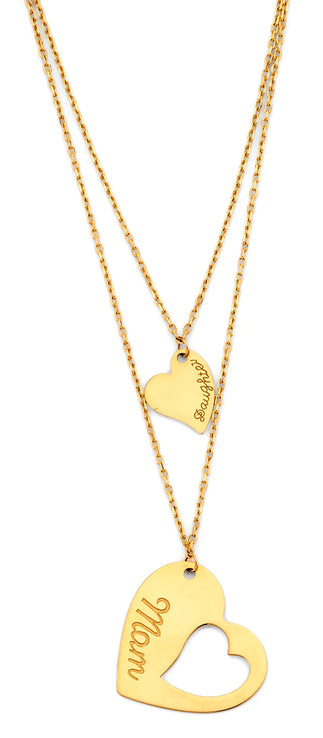 14K Yellow Gold Double Layer Mom & Daughter Heart Necklace 17