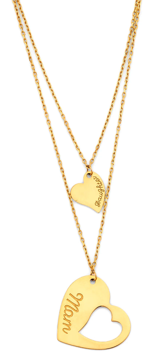 14K Yellow Gold Double Layer Mom & Daughter Heart Necklace 17"+1" Extender