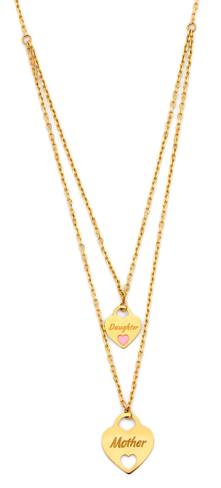 14K Yellow Gold Double Layer Mother & Daughter Heart Necklace 17