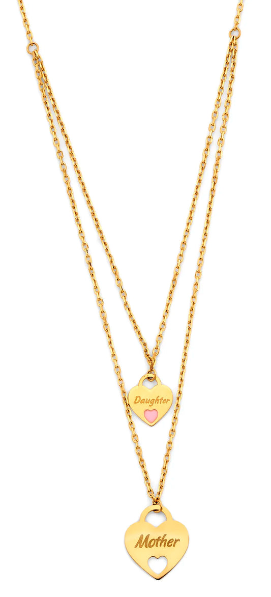 14K Yellow Gold Double Layer Mother & Daughter Heart Necklace 17"+1" Extender
