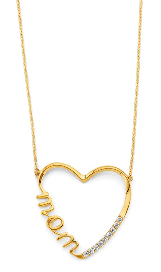 14K Yellow Gold Mom Heart CZ Necklace 17