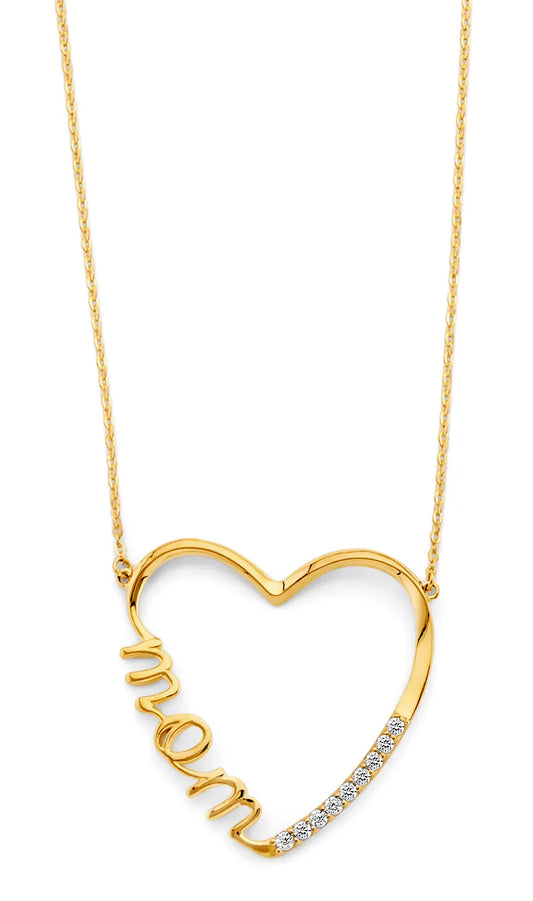 14K Yellow Gold Mom Heart CZ Necklace 17"+1" Extender