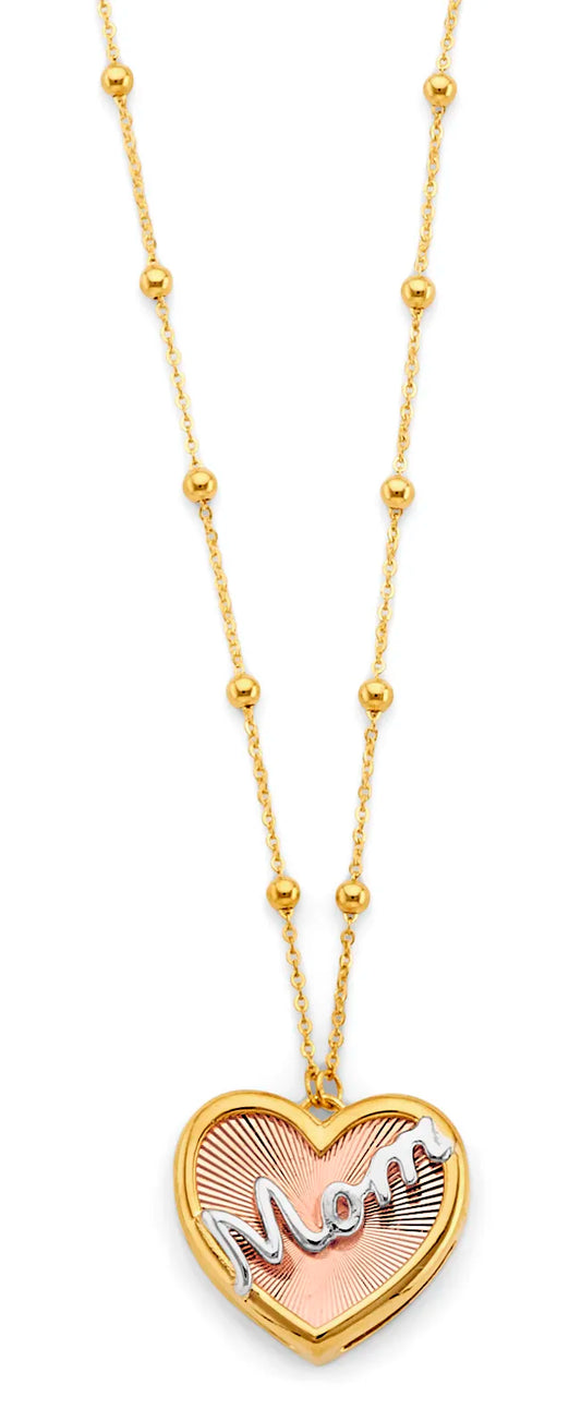 14K Tri-Color Gold Mom Heart Beaded Necklace 17"+1" Extender