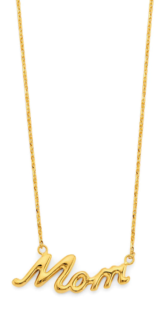 14K Yellow Gold Mom Script Necklace 17"+1" Extender