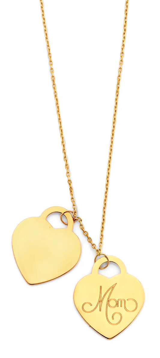 14K Yellow Gold Mom Double Heart Necklace 17"+1" Extender